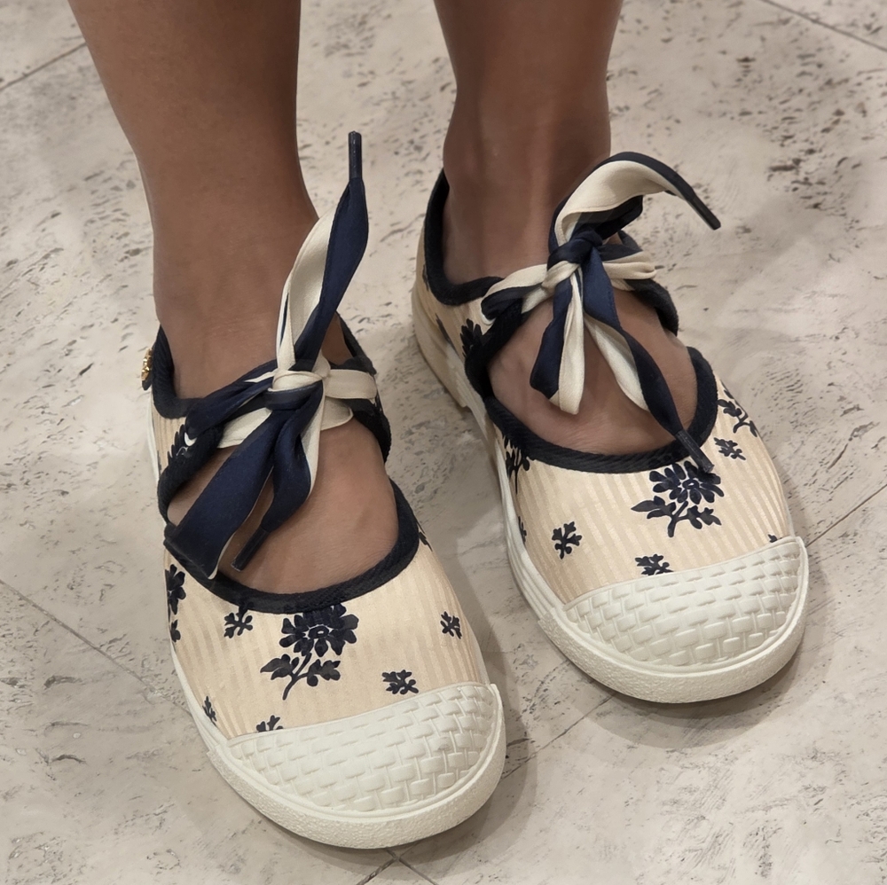 Valentino Cream and Navy Espadrilles with Ribbon Ties